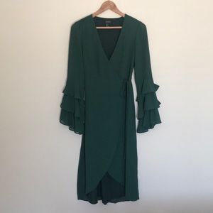 Green Wrap Bell Sleeve Dress
